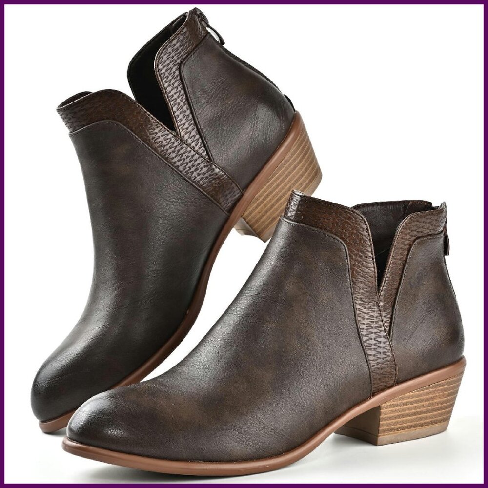 Chunky Low Heel Ankle Boots Zipper Dressy Booties Synthetic Leather